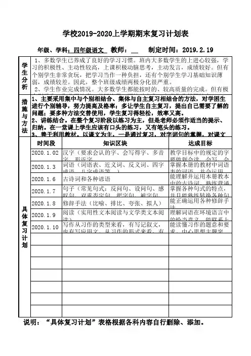 四年级语文复习计划表格