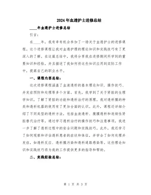 2024年血透护士进修总结