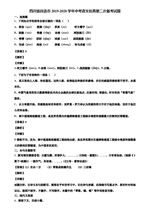 四川省自贡市2019-2020学年中考语文仿真第二次备考试题含解析