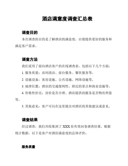 酒店满意度调查汇总表