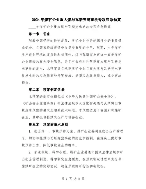 2024年煤矿企业重大煤与瓦斯突出事故专项应急预案