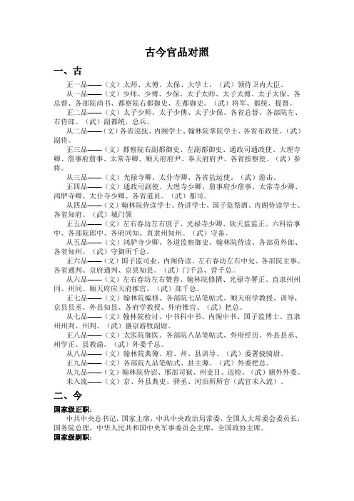 古今官品对照