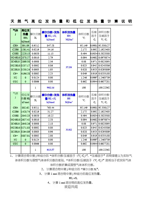 天然气高位发热量和低位发热量计算说明