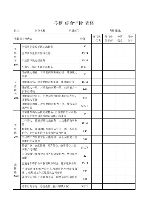 考核 综合评价 表格