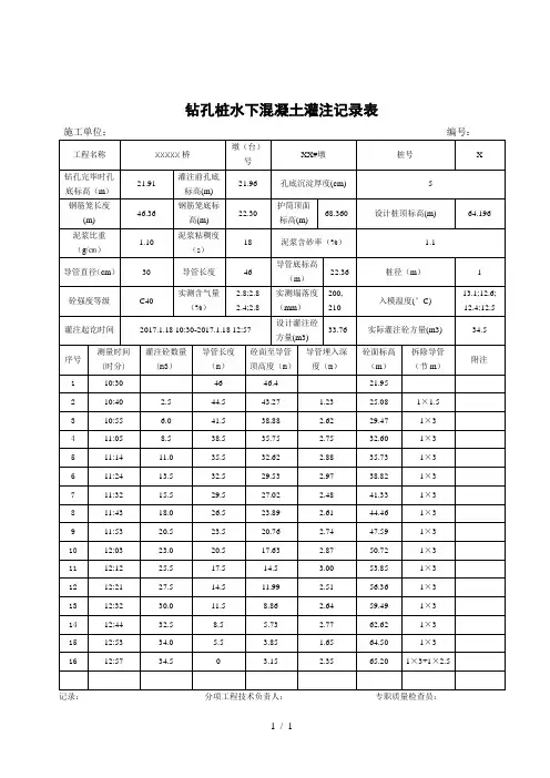 钻孔灌注桩灌注记录表