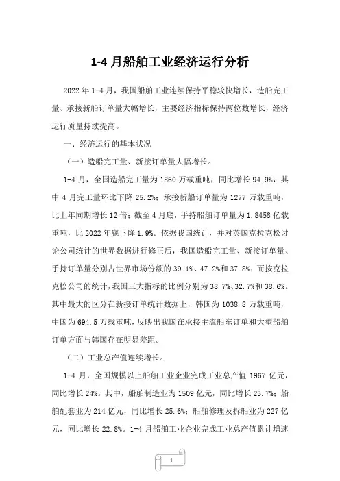 2022年行业分析1-4月船舶工业经济运行分析