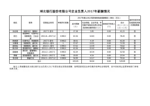 湖北银行股份公司企业负责人2017年薪酬情况