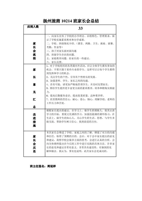 10214班家长会总结表