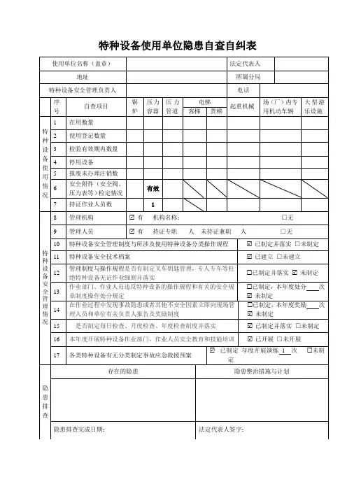 特种设备使用单位隐患自查自纠表