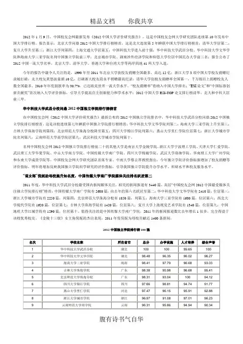 2012中国独立学院排行榜100强