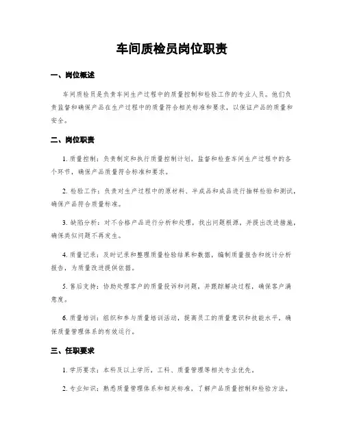 车间质检员岗位职责