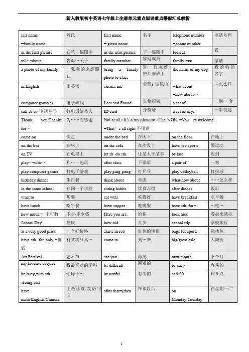 新人教版初中英语七年级上全册单元重点短语重点搭配汇总解析
