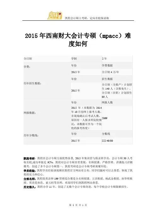 2015年西南财大会计专硕(mpacc)难度如何
