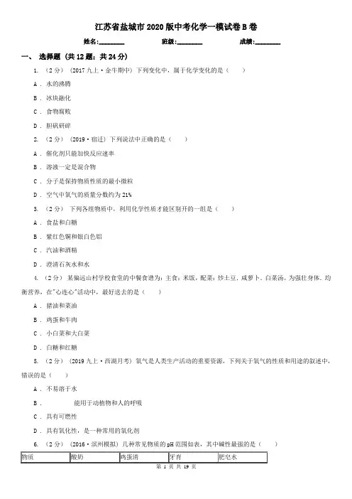江苏省盐城市2020版中考化学一模试卷B卷