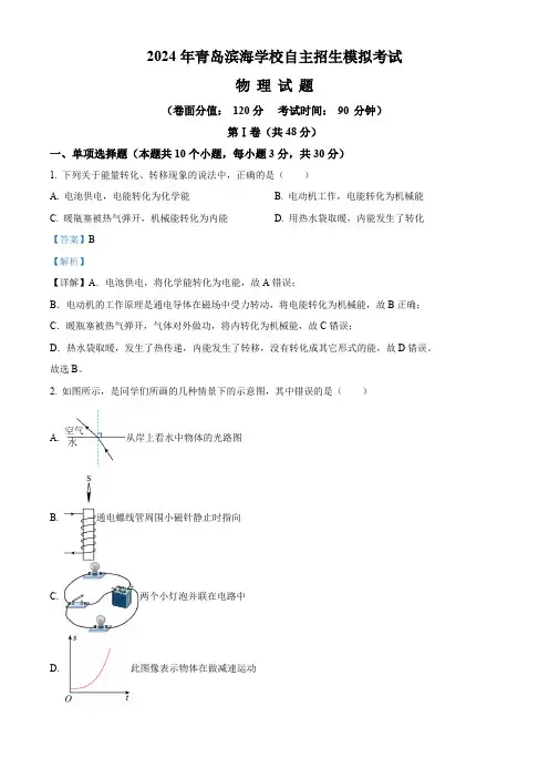2024年山东省青岛滨海学校自主招生模拟考试物理试题(解析版)