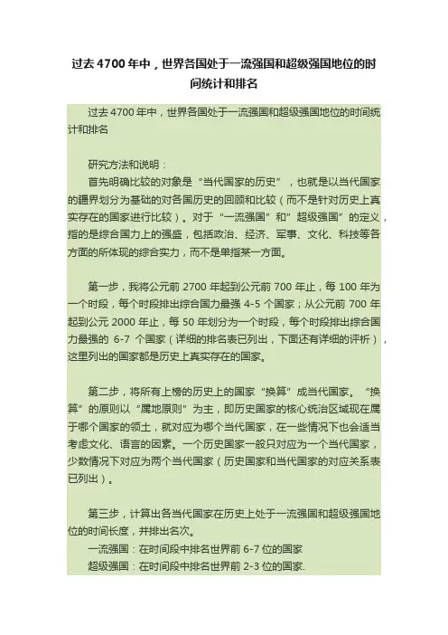 过去4700年中，世界各国处于一流强国和超级强国地位的时间统计和排名