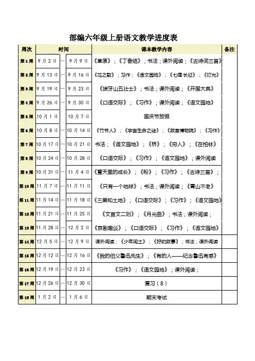 部编六年级上册语文教学进度表