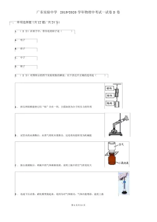 广东实验中学2019-2020学年物理中考试试卷D卷