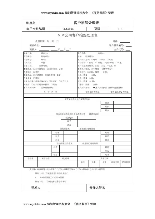 客户投诉处理表