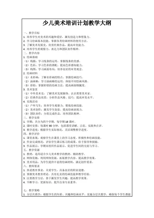 少儿美术培训计划教学大纲