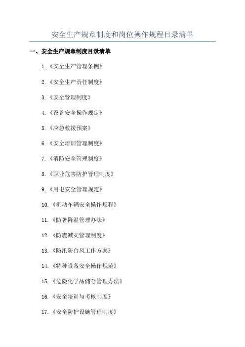 安全生产规章制度和岗位操作规程目录清单