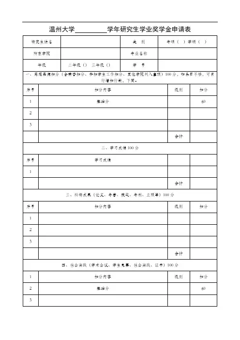 温州大学学年研究生学业奖学金申请表