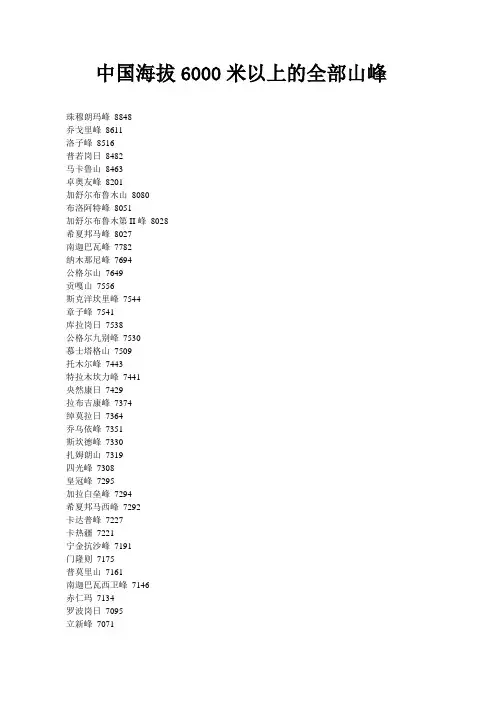 中国海拔6000米以上的全部山峰
