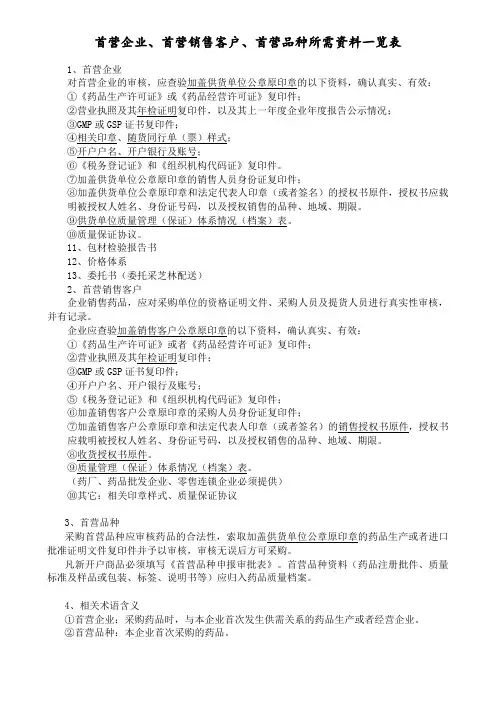 首营企业、首营销售客户、首营品种所需资料一览表