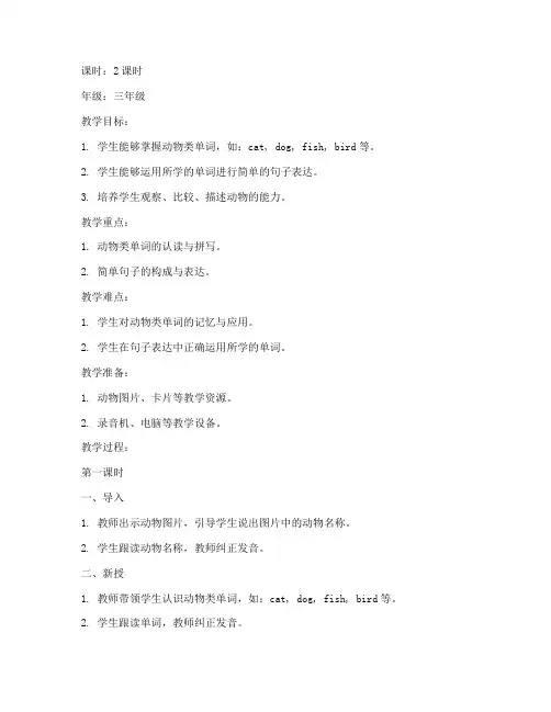 小学英语动物类教案模板