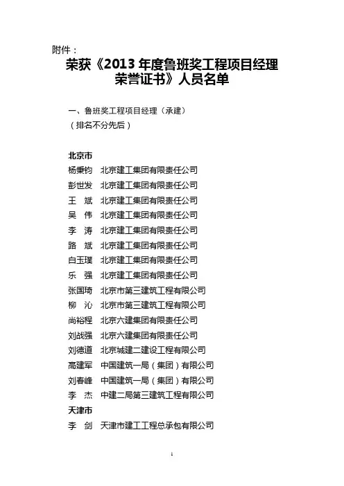 年度鲁班奖工程项目经理人员名单详解