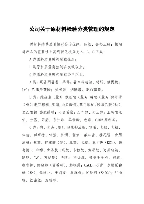 公司关于原材料检验分类管理的规定