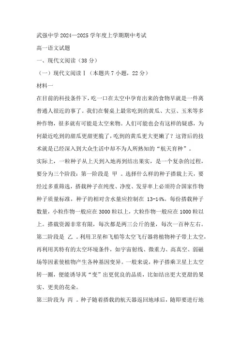 河北省衡水市武强中学2024-2025学年高一上学期期中考试语文试题(含答案)