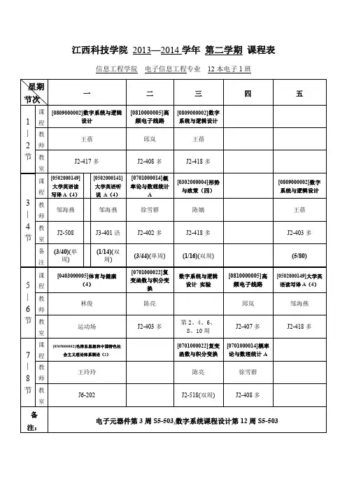 江西科技学院 2013—2014学年 第二学期 课程表