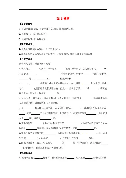 九年级物理全册 22.2 核能导学案2(无答案)(新版)新人教版