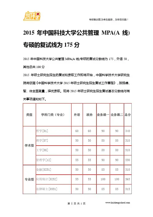 2015年中国科技大学公共管理MPA(A线)专硕的复试线为175