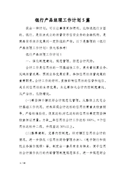 银行产品经理工作计划5篇