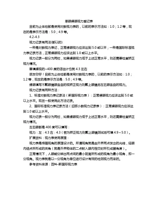 单眼裸眼视力登记表
