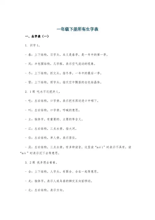 一年级下册所有生字表