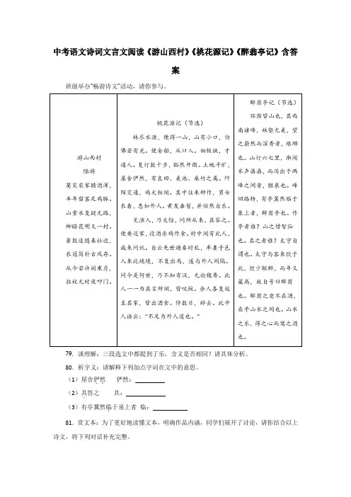 中考语文诗词文言文阅读《游山西村》《桃花源记》《醉翁亭记》含答案