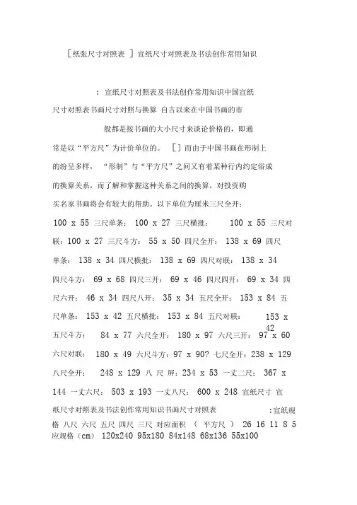 [纸张尺寸对照表]宣纸尺寸对照表及书法创作常用知识