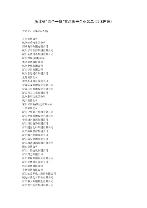 浙江省五个一批重点骨干企业名单(共339家)