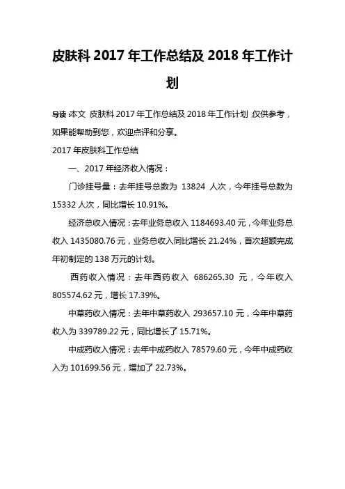 皮肤科2017年工作总结及2018年工作计划