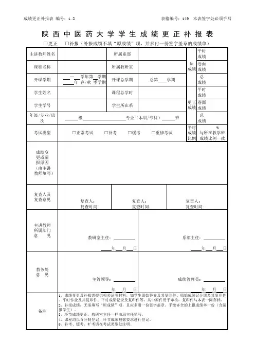 陕西中医药大学学生成绩更正补报表