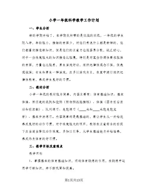 2024年小学一年级科学教学工作计划(6篇)