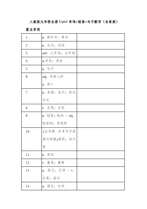 人教版九年级全册Unit1单词+短语+句子默写(含答案)