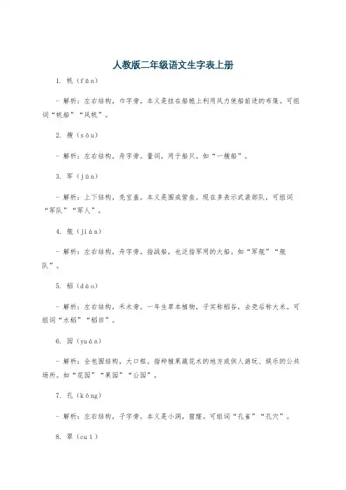人教版二年级语文生字表上册