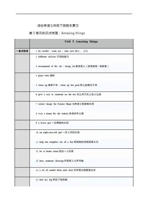 译林英语七年级下册期末复习第五单元知识点梳理：Amazing things