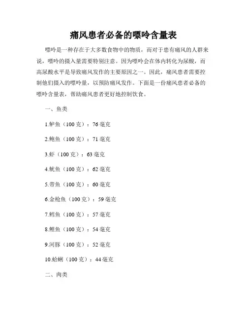 痛风患者必备的嘌呤含量表
