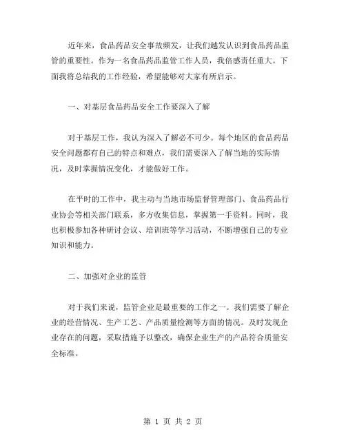 食品药品监管个人工作总结范文