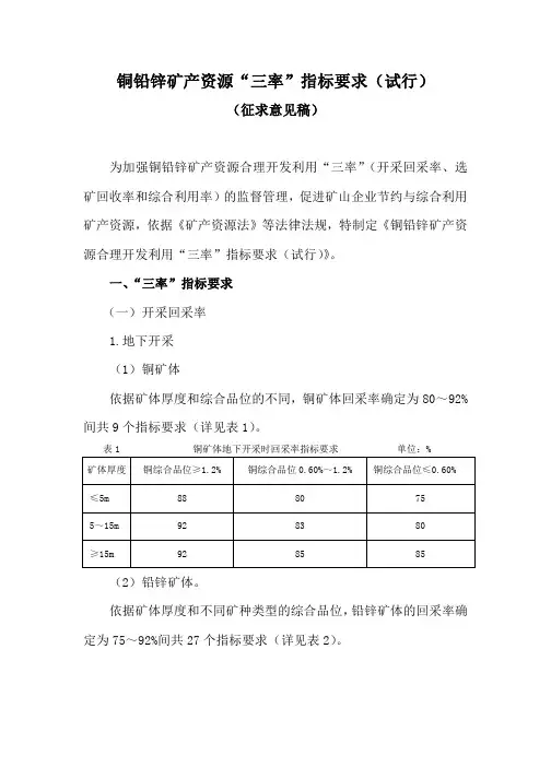 铜铅锌矿产资源“三率”指标要求(试行)